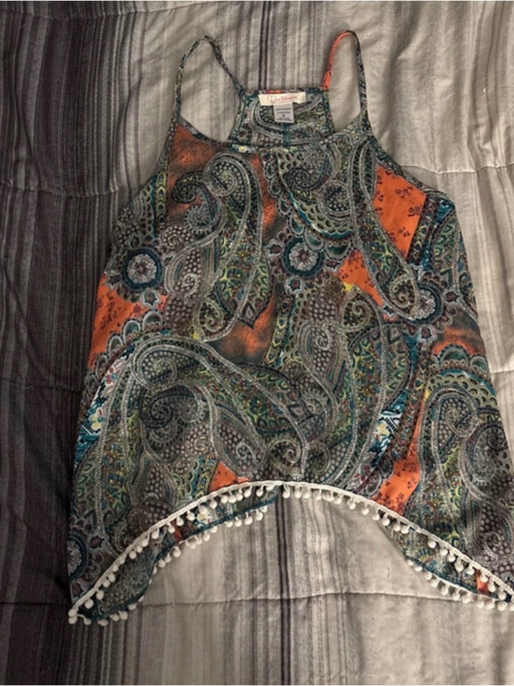 Paisley Pom-Trim Halter Tank Top - Orange & Green